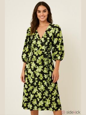 Mango Dress Black and Green Floral Long Sleeve  puff midi Easter sz 20
